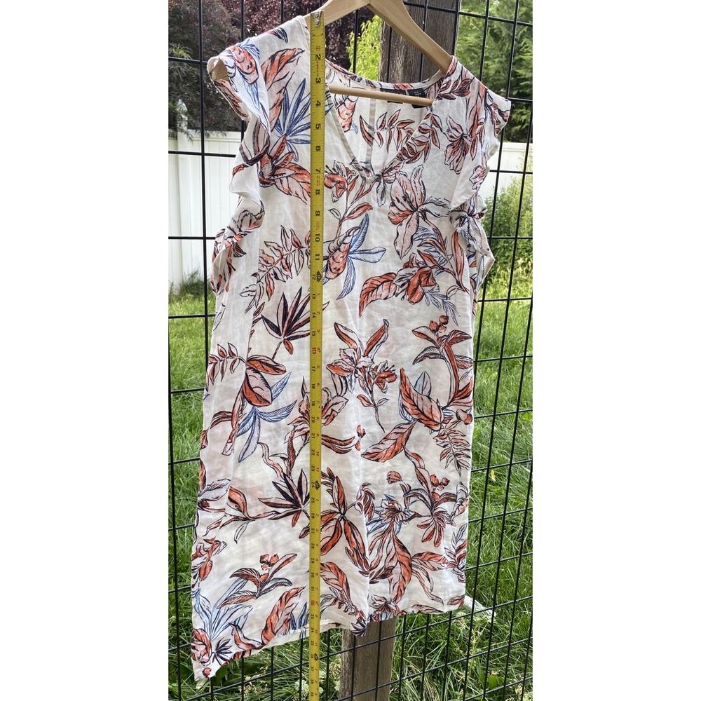 Tahari Dress M  Floral 100% Linen Shift Flutter Sleeves Lightweight Boho